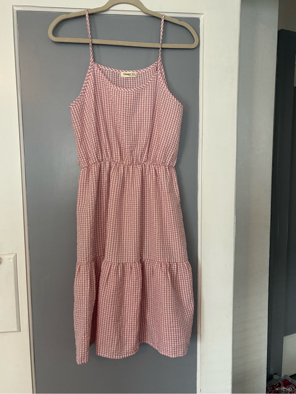 Ginger G Pink Gingham Tiered Spaghetti-Strap Dress